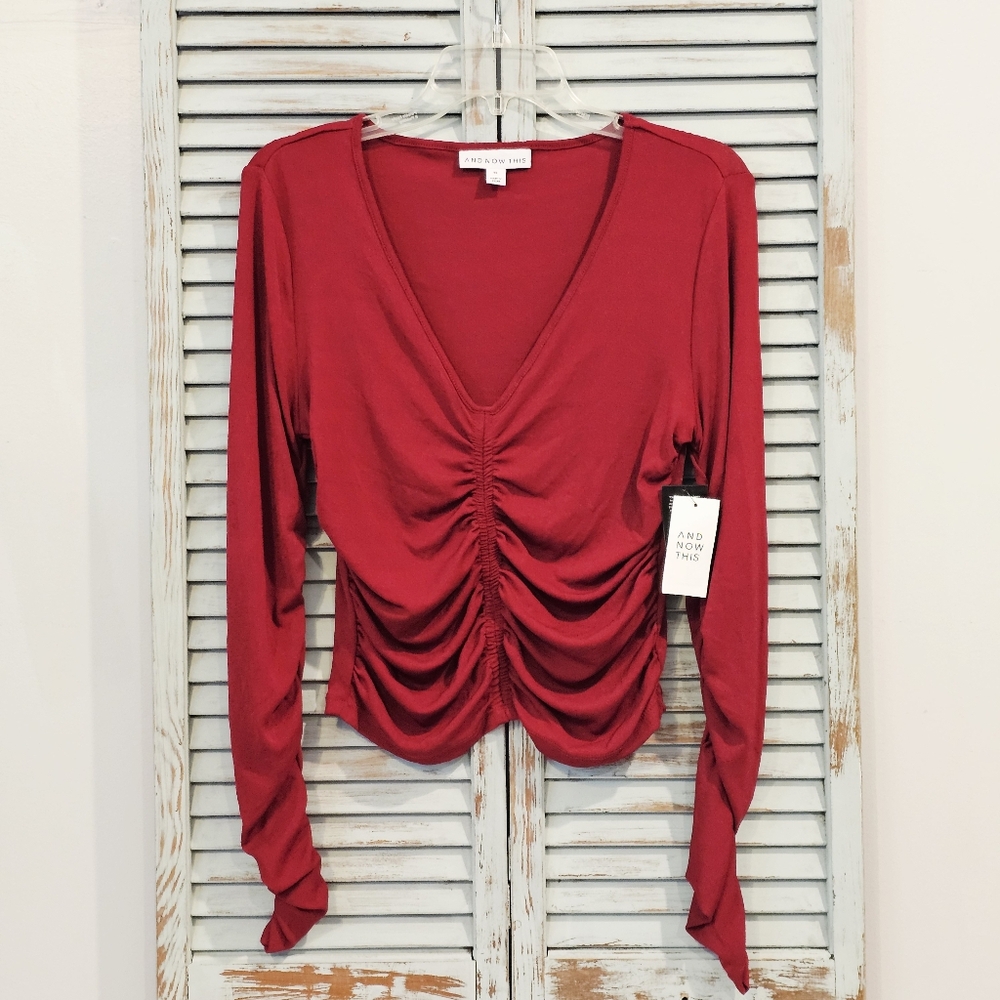 NWT And Now This Ruched V-Neck Top XL Deep Red Y2k Cherrygirl Coquette Pinup - Picture 2 of 9